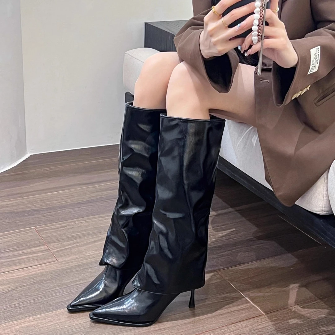 漆皮裤管高筒细跟高跟长筒不过膝长靴子女辣妹骑士高筒靴高跟鞋