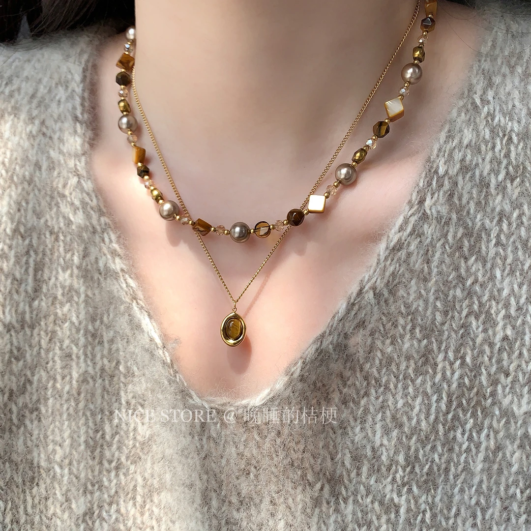 合金项链 晚睡的桔梗「焦糖可可」美拉德虎眼石项链秋冬百搭吊坠女