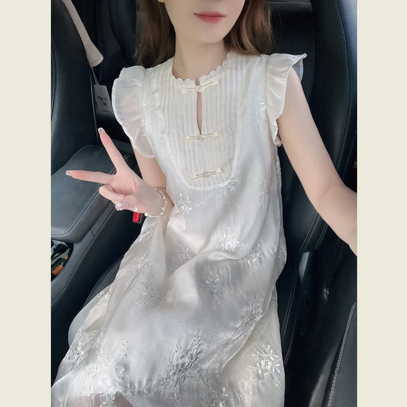 UQS2025高级感新中式重工提花刺绣连衣裙女温柔风减龄白色长裙