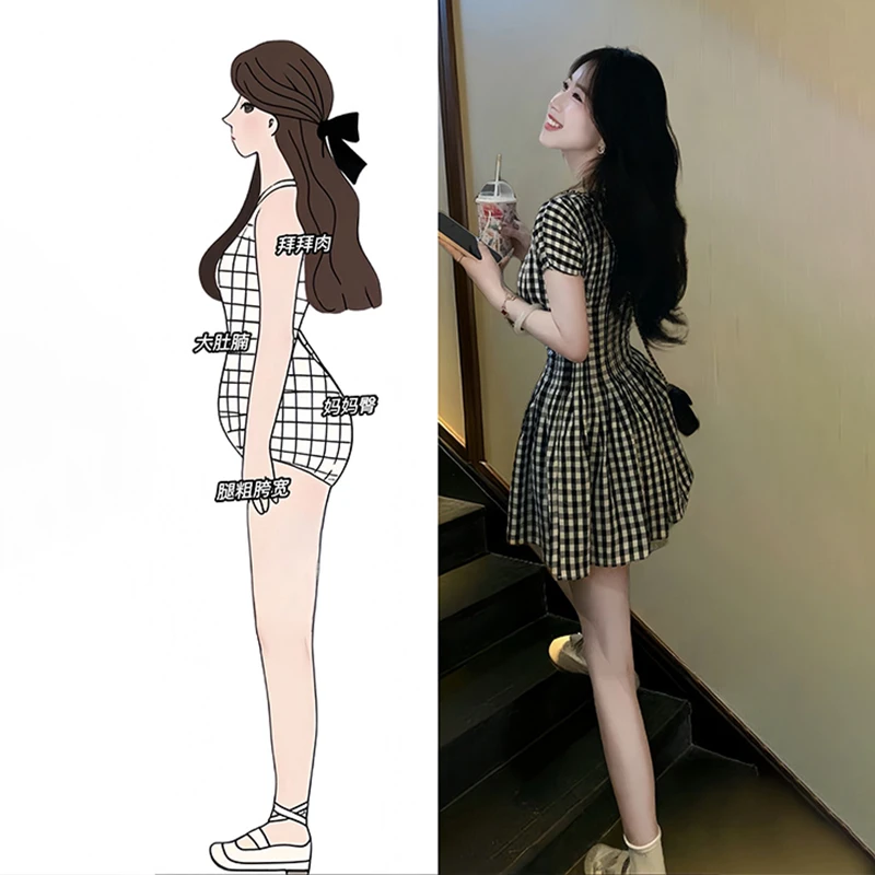 2025夏季超火穿搭女大码胖mm法式甜美辣妹黑白格子收腰显瘦连衣裙