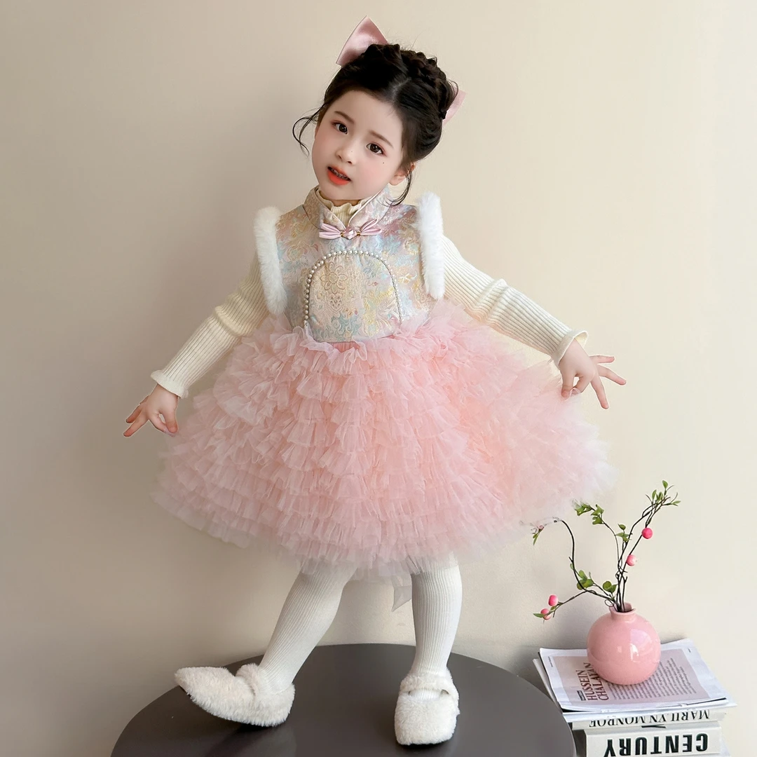 女童新中式连衣裙套装冬季儿童洋气女宝宝中国风拜年服加厚新年装