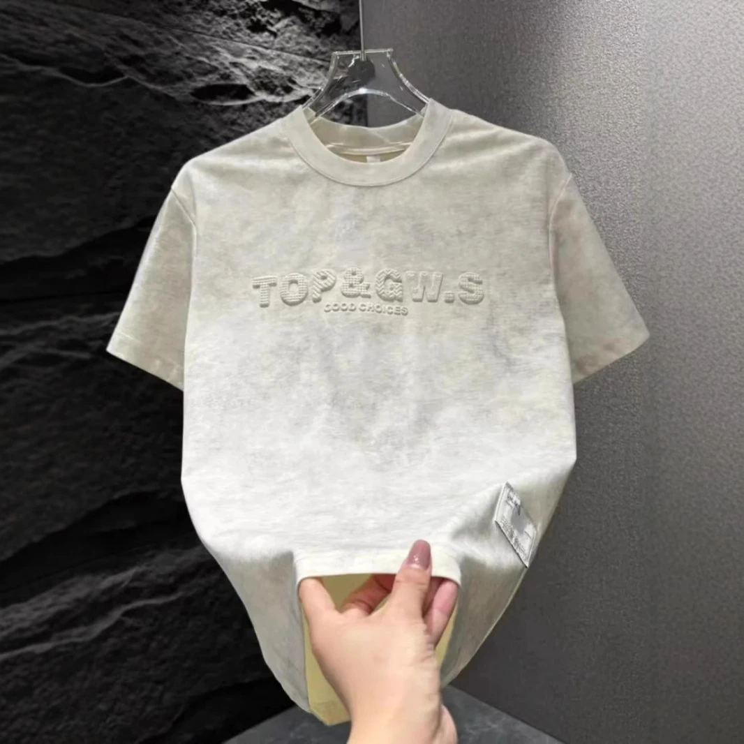 夏季新款纯色晕染韩版半袖潮流时尚钢印字母短袖休闲男士体恤衫潮