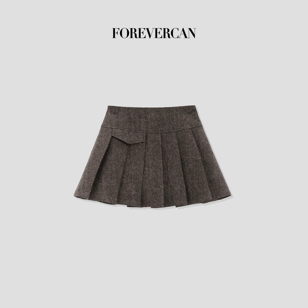 FOREVERCAN“伦敦女高”学院风羊毛呢桑蚕丝高腰百褶半身裙 SD22417