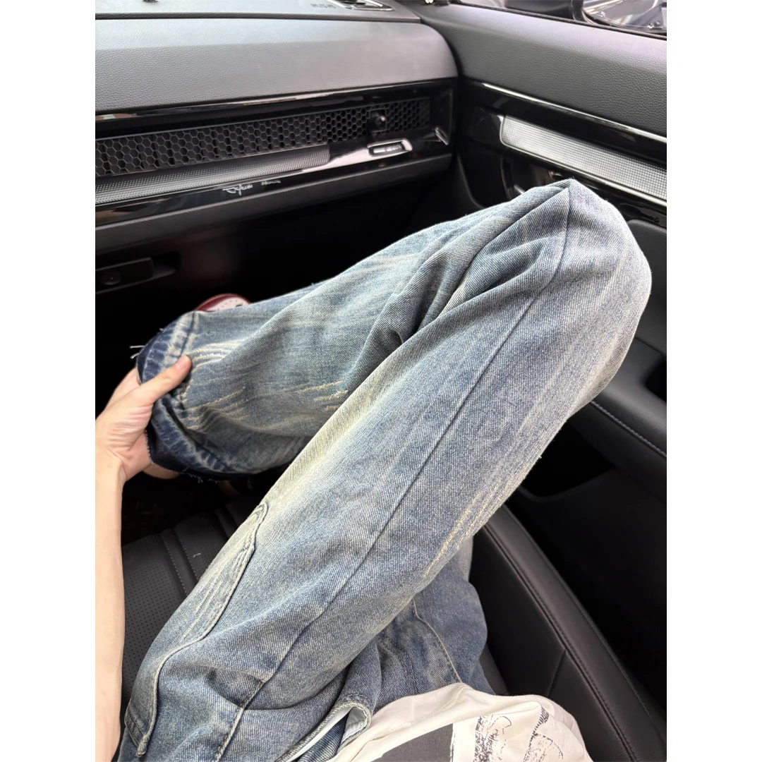 猫爪痕复古蓝闪电纹牛仔裤男美式vintage水洗裤子显瘦直筒微喇裤