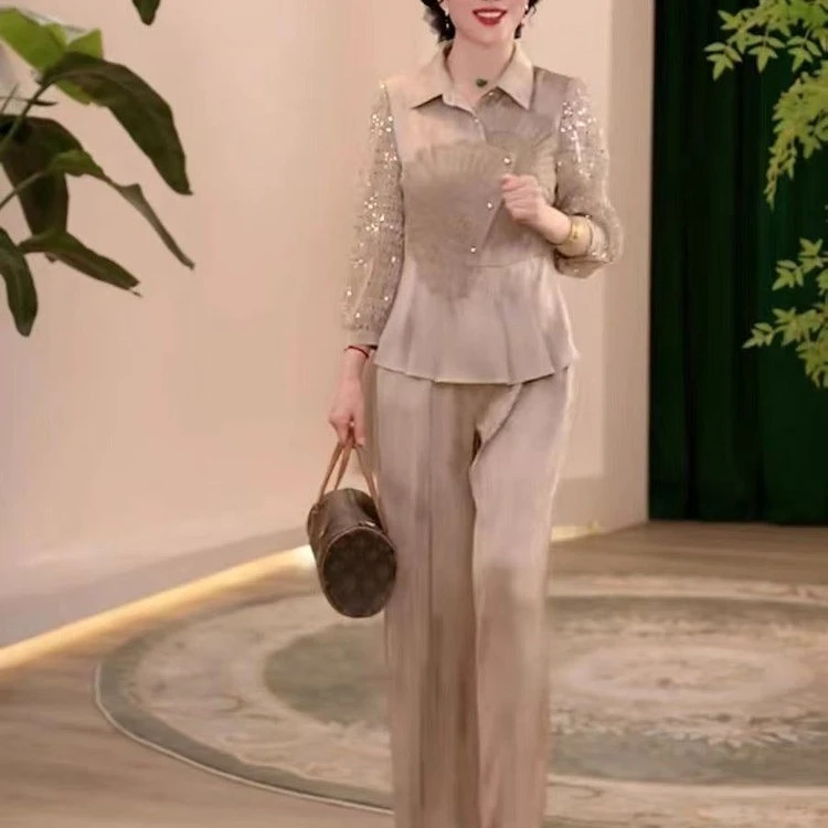 洋气中年妈妈新款套装遮肉显白春夏时尚大码长袖两件套气质减龄款