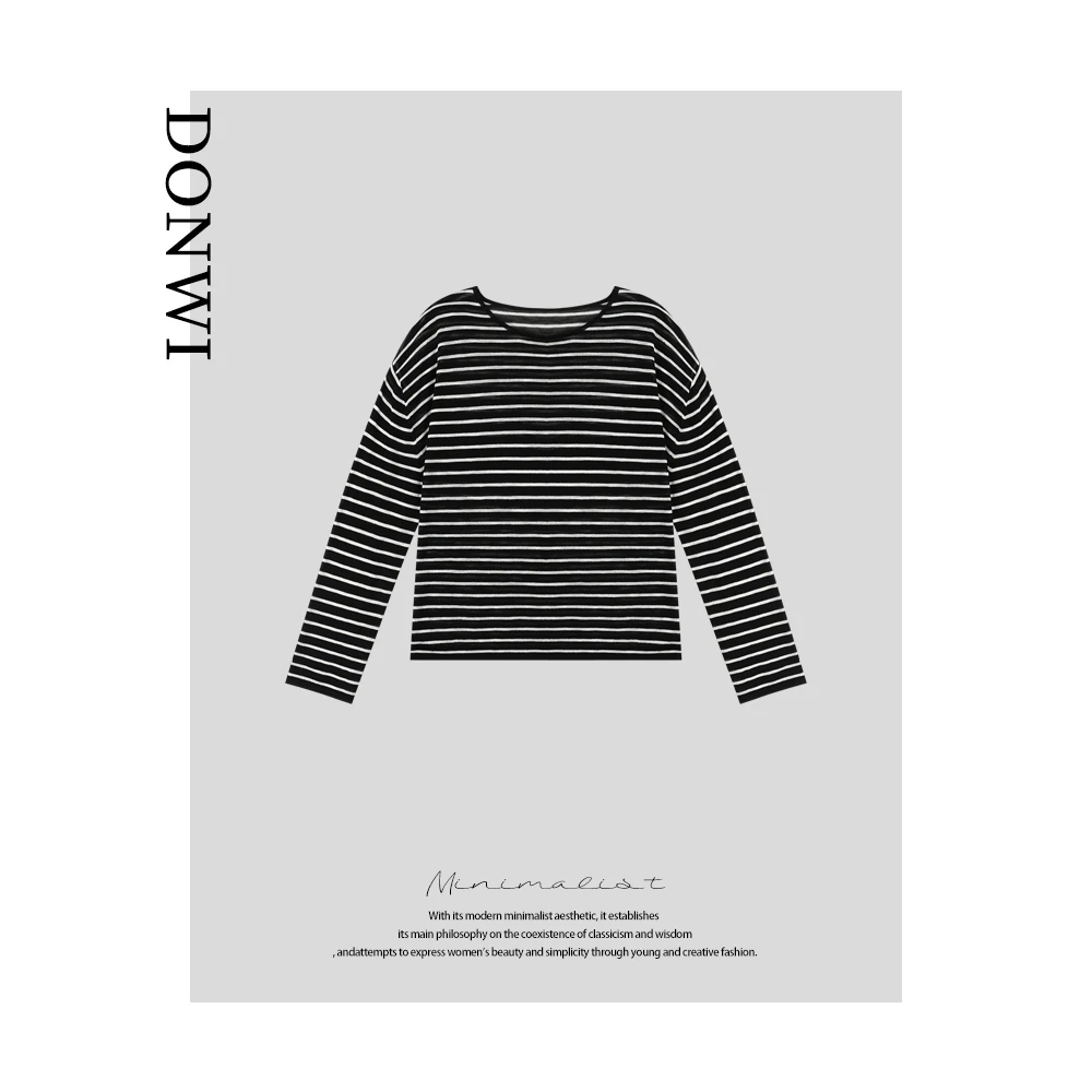 DONWI【半岛情书】夏季长袖黑白条纹针织上衣宽松休闲防晒衣21847
