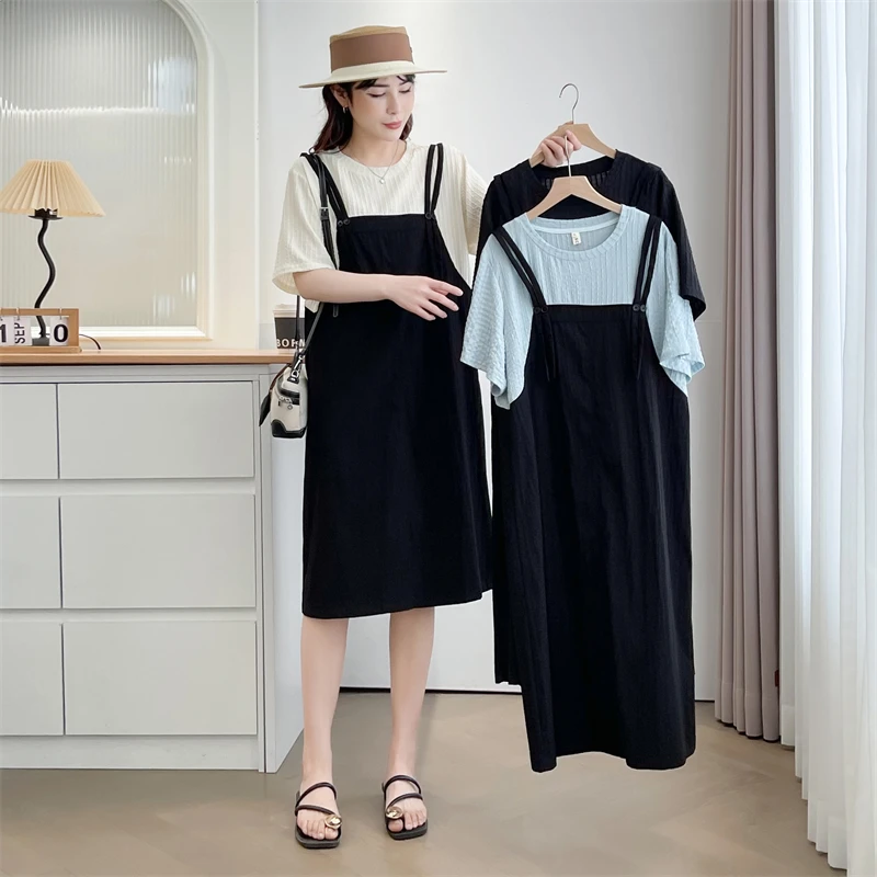 印语芩大码女装夏季新款时尚显瘦宽松遮肉假两件设计感连衣裙