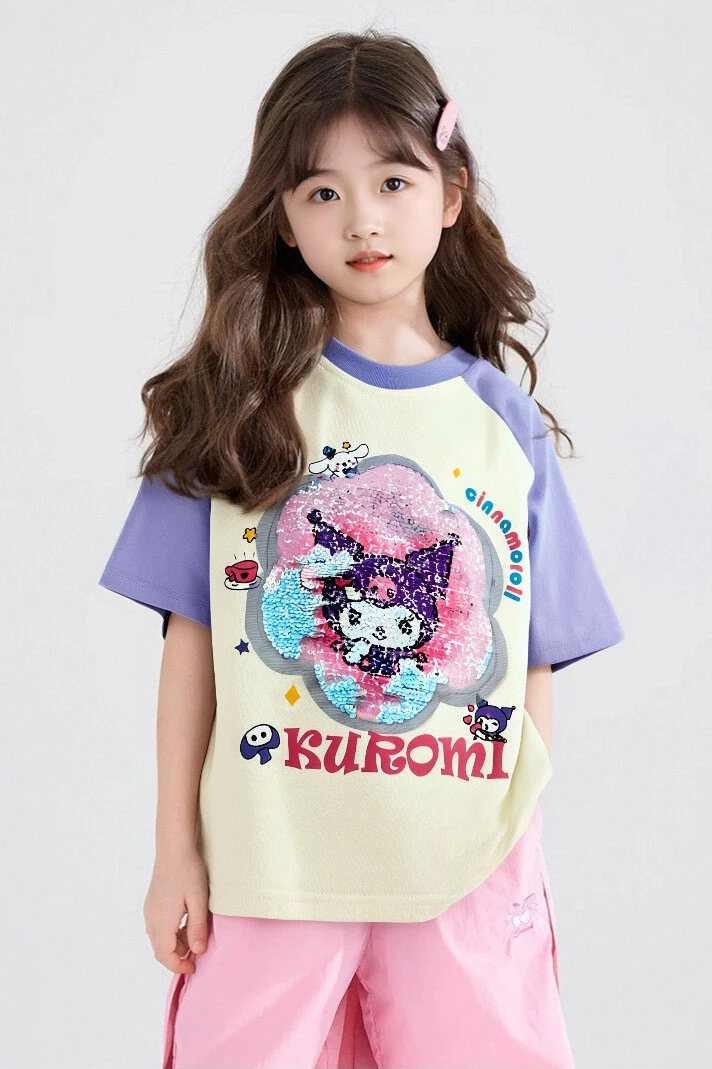 泡泡说【P2169】重工亮片夏季短袖卡通印花韩版可变图案时尚插肩T恤