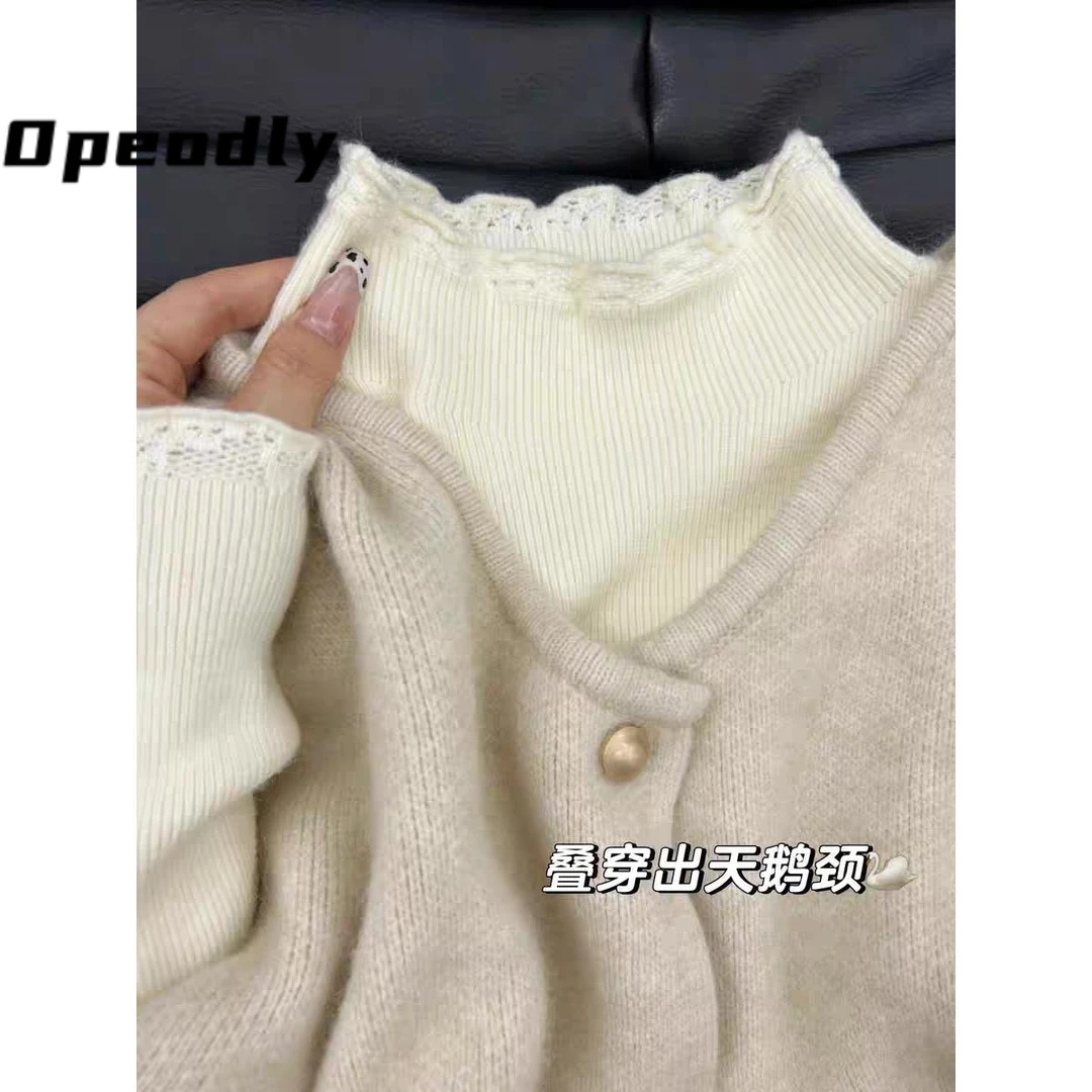 Opeodly半高领毛衣蕾丝打底衫女内搭木耳边针织衫百搭上衣秋冬装