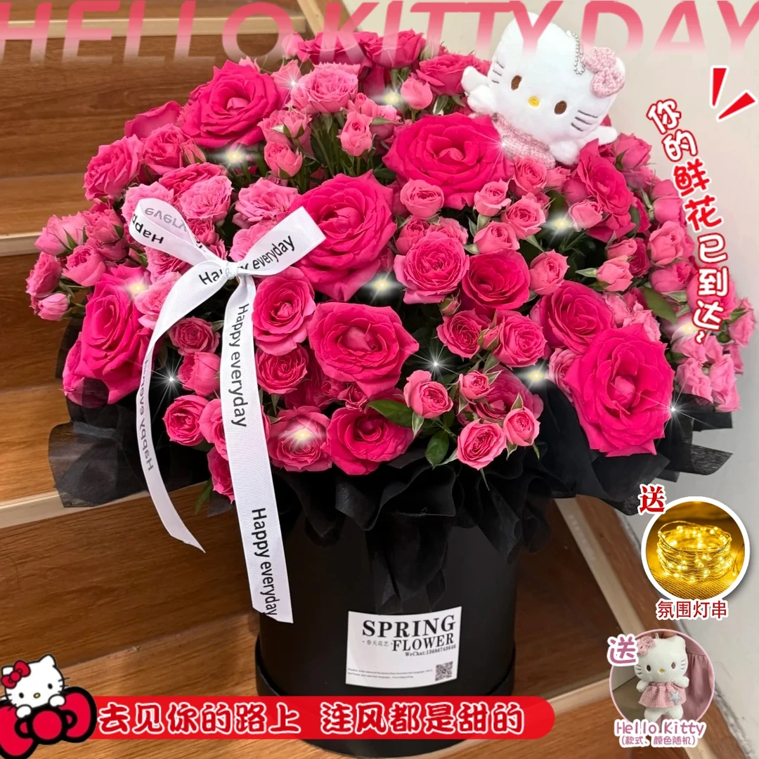 【爱意弥漫】11枝弗洛伊德苏菲宝贝(约10枝)KT猫抱抱桶鲜花送女友老婆爱人生日鲜花小时达同城花店