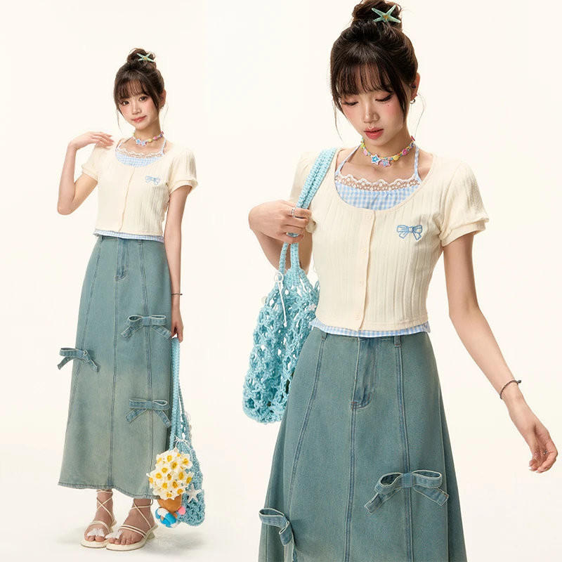 心动甜心 织物猪原创 学院风假两件T恤防晒蝴蝶结牛仔长裙女夏