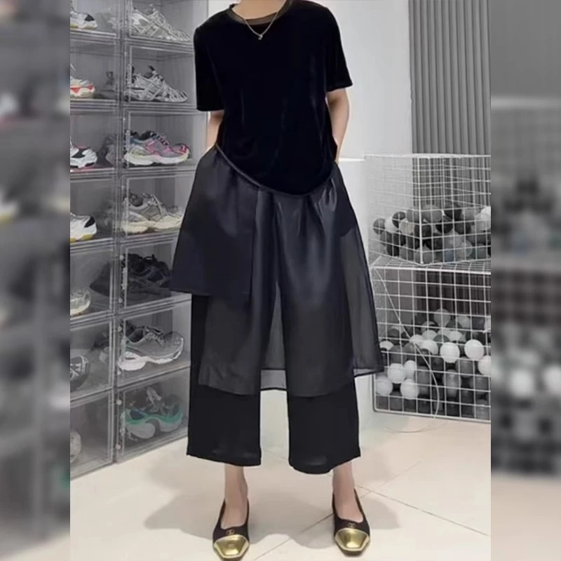 不规则拼接黑色休闲裤裙女2025年夏季薄款大码胖mm宽松九分阔腿裤