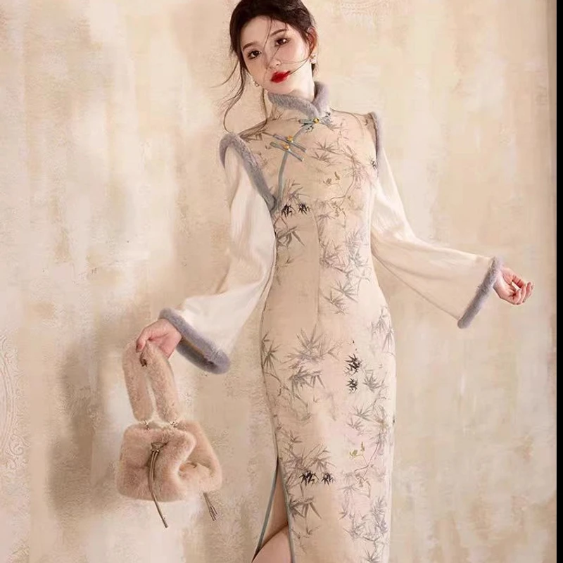 梦路 T643 冬季新款  竹舞 裙长120 加绒加厚长袖旗袍