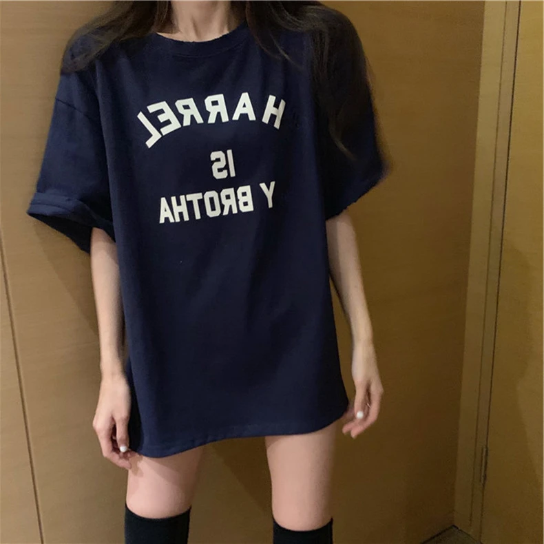 纯欲慵懒风女装欧货藏蓝色短袖t恤夏季宽松中长款下衣失踪上衣潮