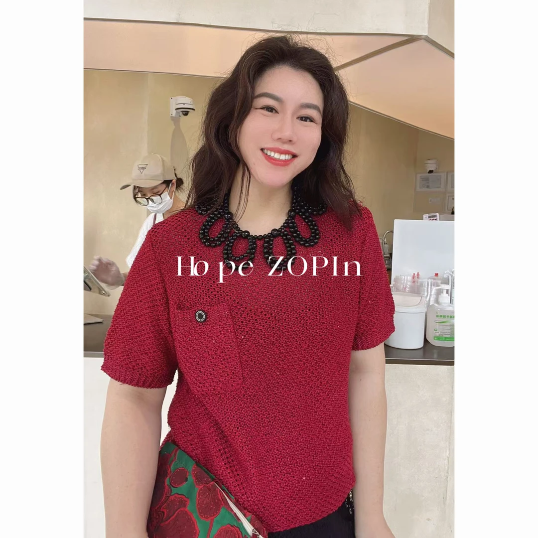 【大G精选】“自由假日” 设计感针织亮片短袖圆领上衣双色可选