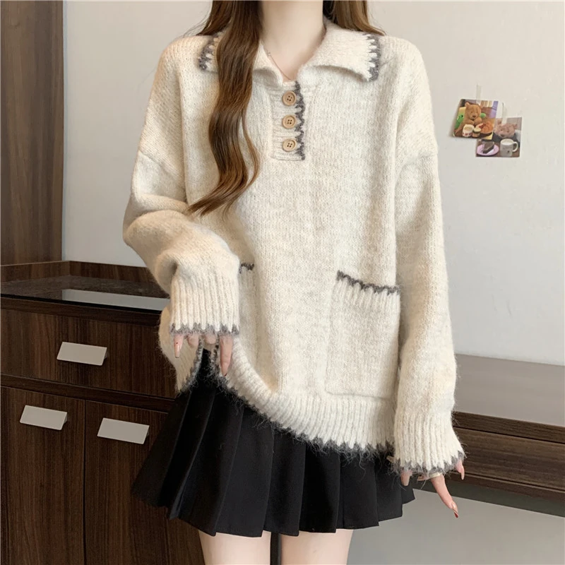 微胖大码2025日系甜美撞色花边POLO领针织衫秋冬休闲百搭复古毛衣