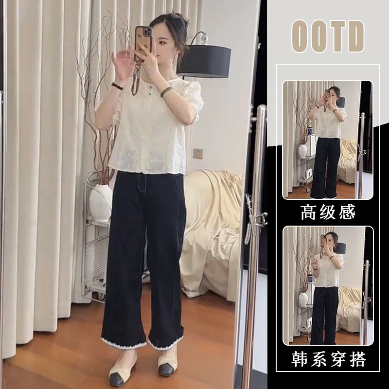 夏日穿搭一整套时尚韩系设计感泡泡短袖衬衫女高腰牛仔裤两件套潮