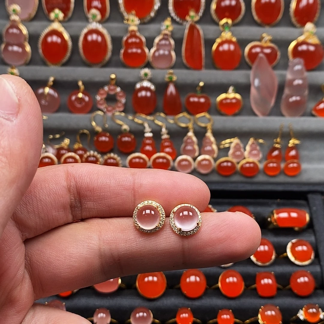 南红玛瑙银S925镶嵌耳饰