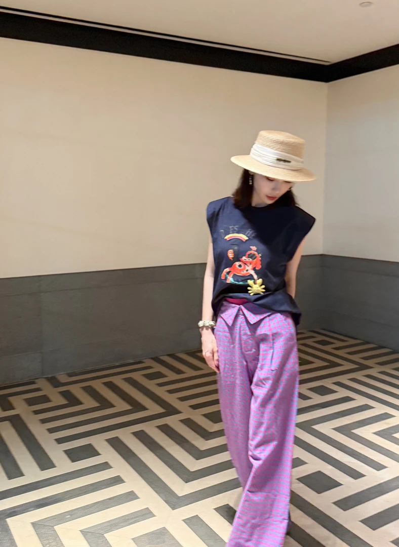 KK颜小新【灵云】设计感小众时尚气质舒适淑女夏季印花上衣波点长裤