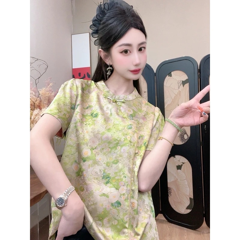 【青池】2025夏季新款百搭显瘦新中式短袖女日常宽松小清新