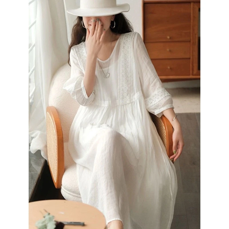 桑蚕丝2025夏季新款舒适时尚简约系带长款V领大摆裙A393