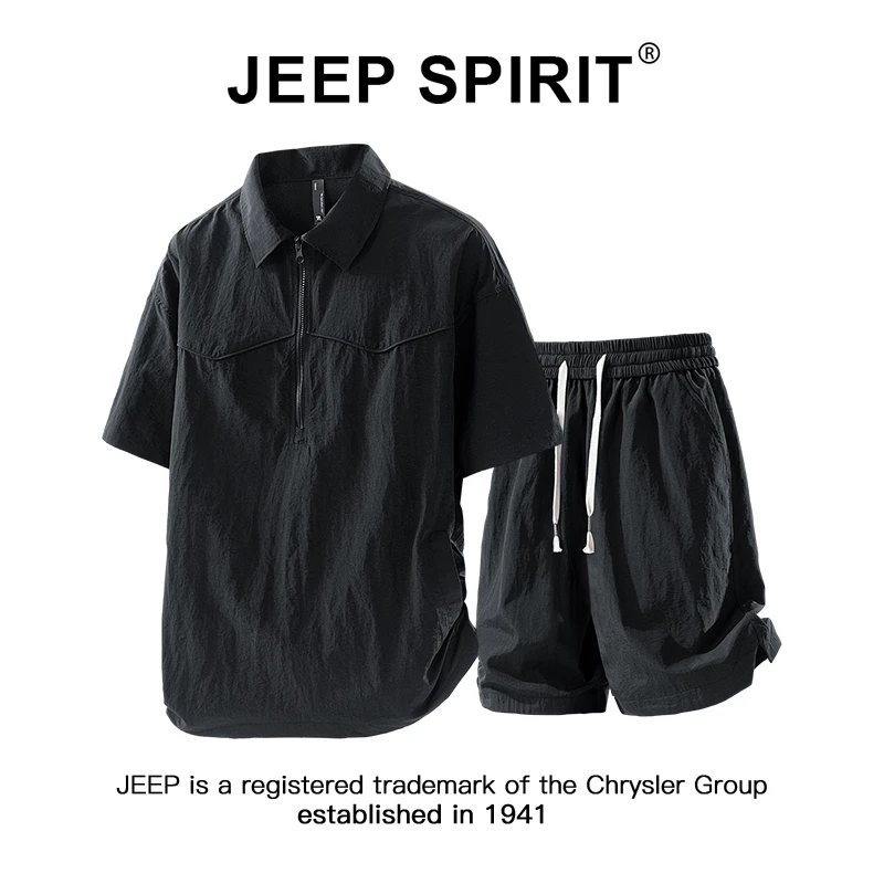 JEEPSPIRIT吉普薄款速干运动短袖套装男士夏季宽松休闲短裤两件套