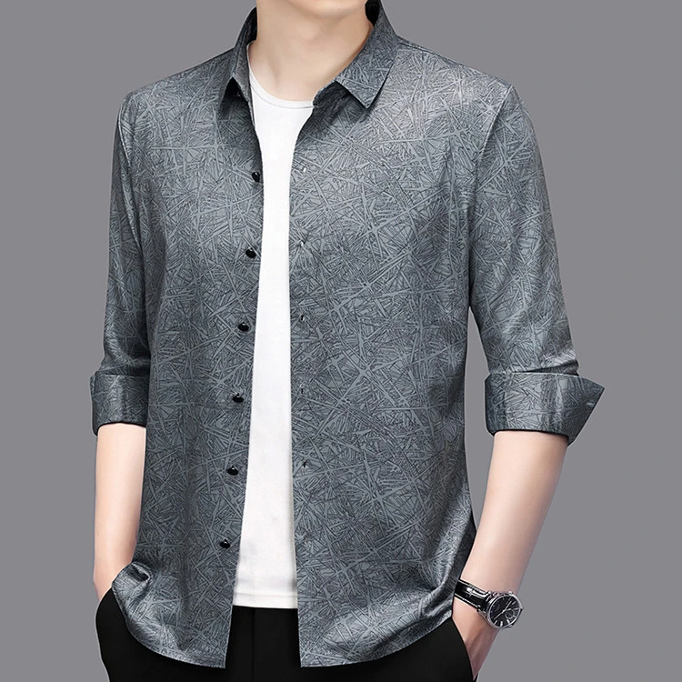 男装春秋季高档长袖中年衬衫商务休闲印花衬衣新款薄款