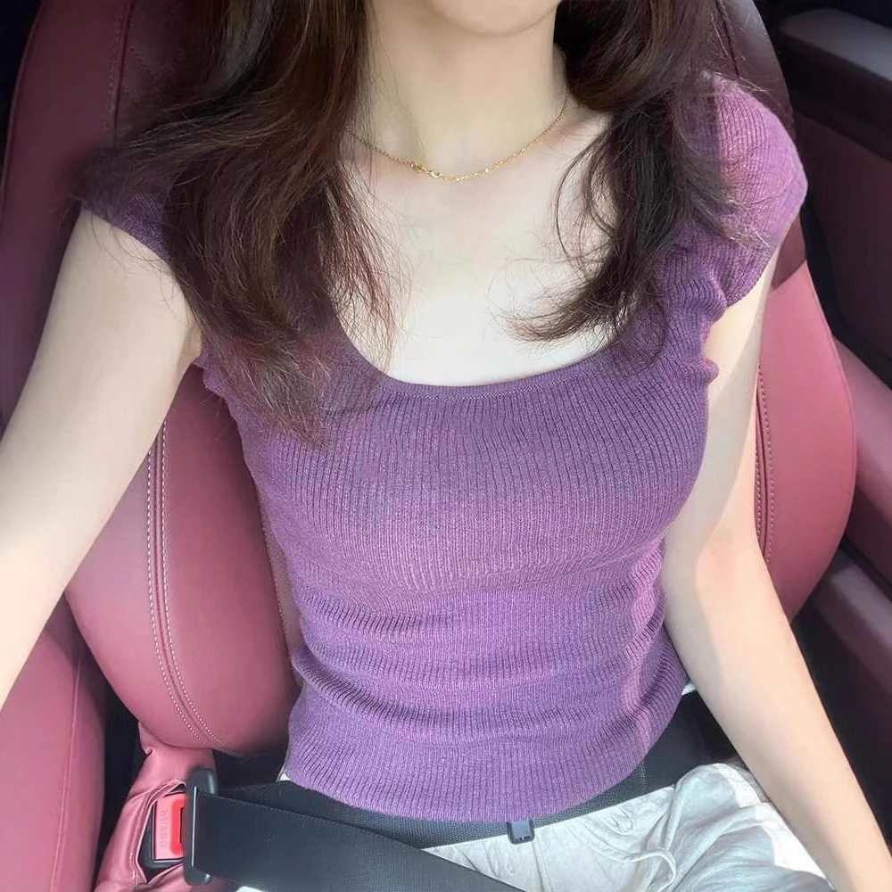 法式紫色大领口小飞袖针织冰丝短袖正肩t恤女夏季小个子短款上衣