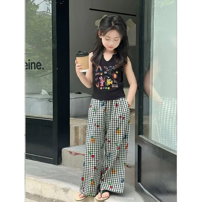 2025女童夏季套装新款儿童裤子短袖背心印花上衣夏装洋气两件套