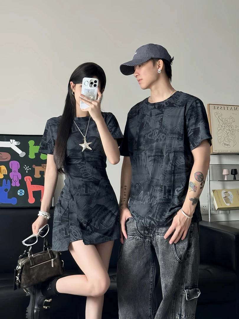 情侣装夏季短袖印花迷彩时尚修身女连衣裙男短袖T恤一裙一衣