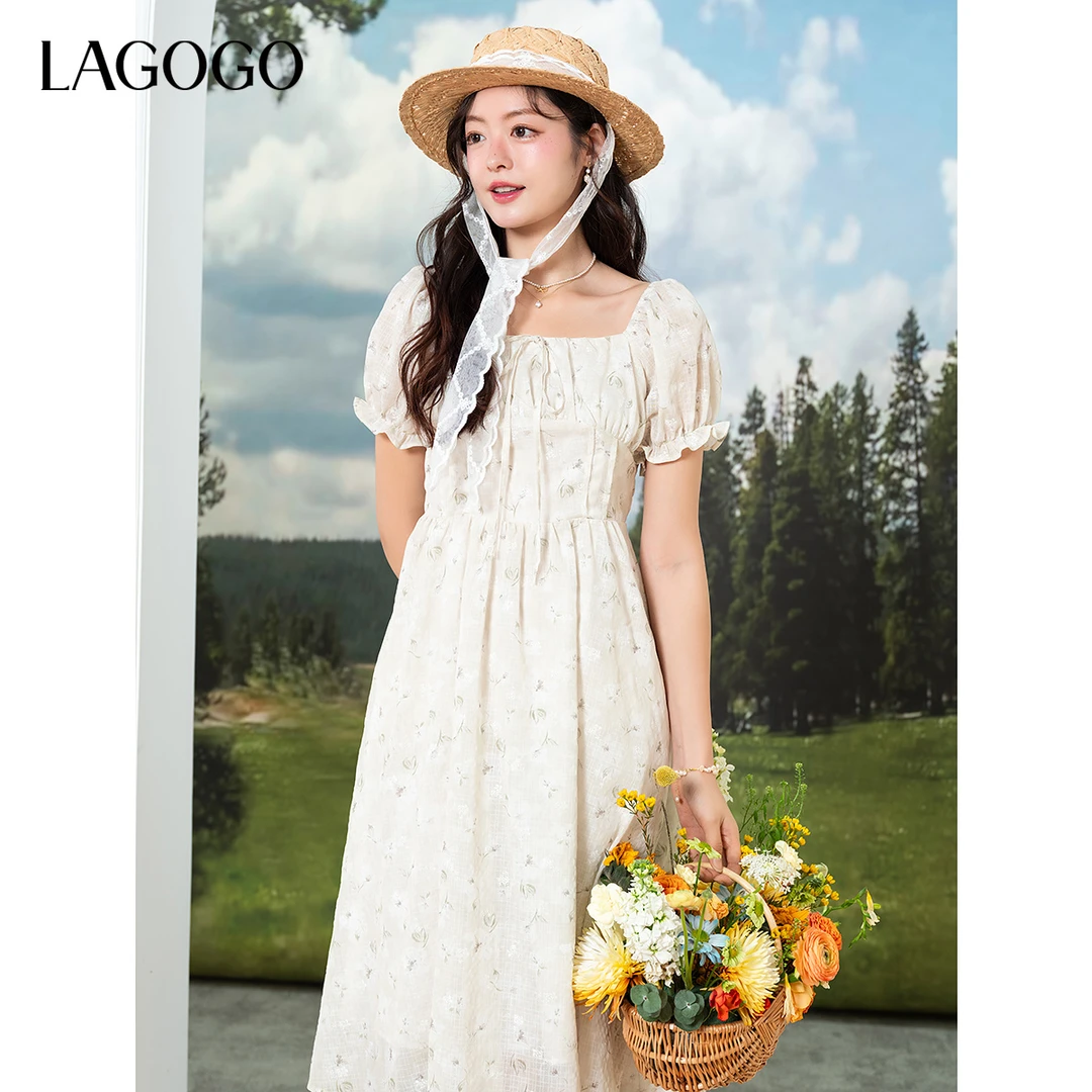 lagogo拉谷谷2025年新款法式方领清新碎花连衣裙女OALL303G94