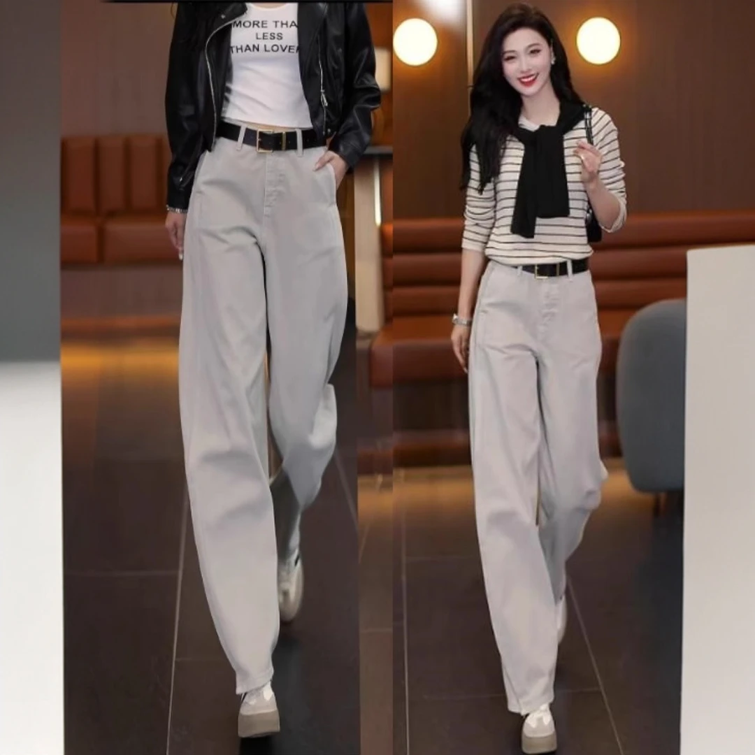 懒慵风牛仔裤女2025春秋新款莫兰迪灰洋气百搭高腰垂感窄版阔腿裤