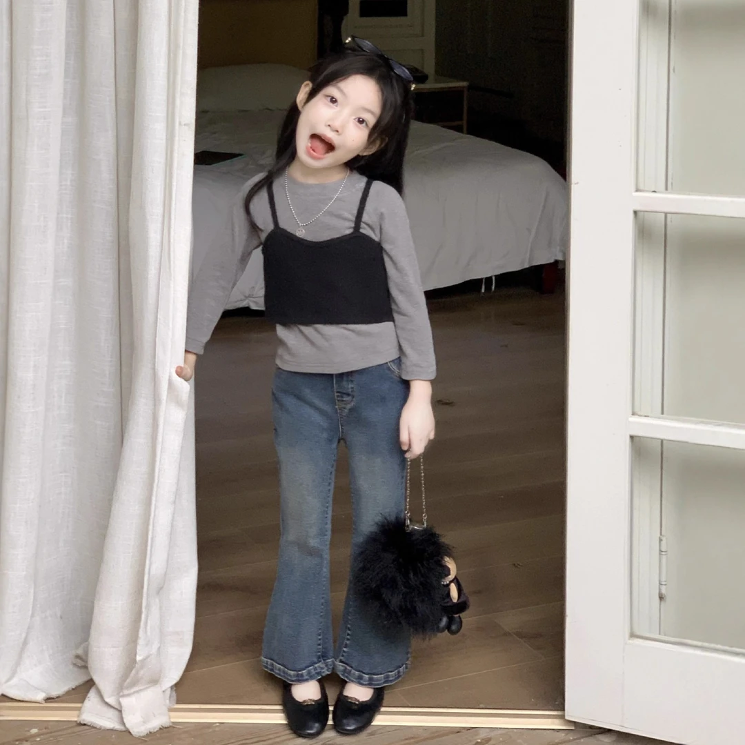 女童打底衫秋季新款儿童洋气针织吊带背心叠穿T恤两件套