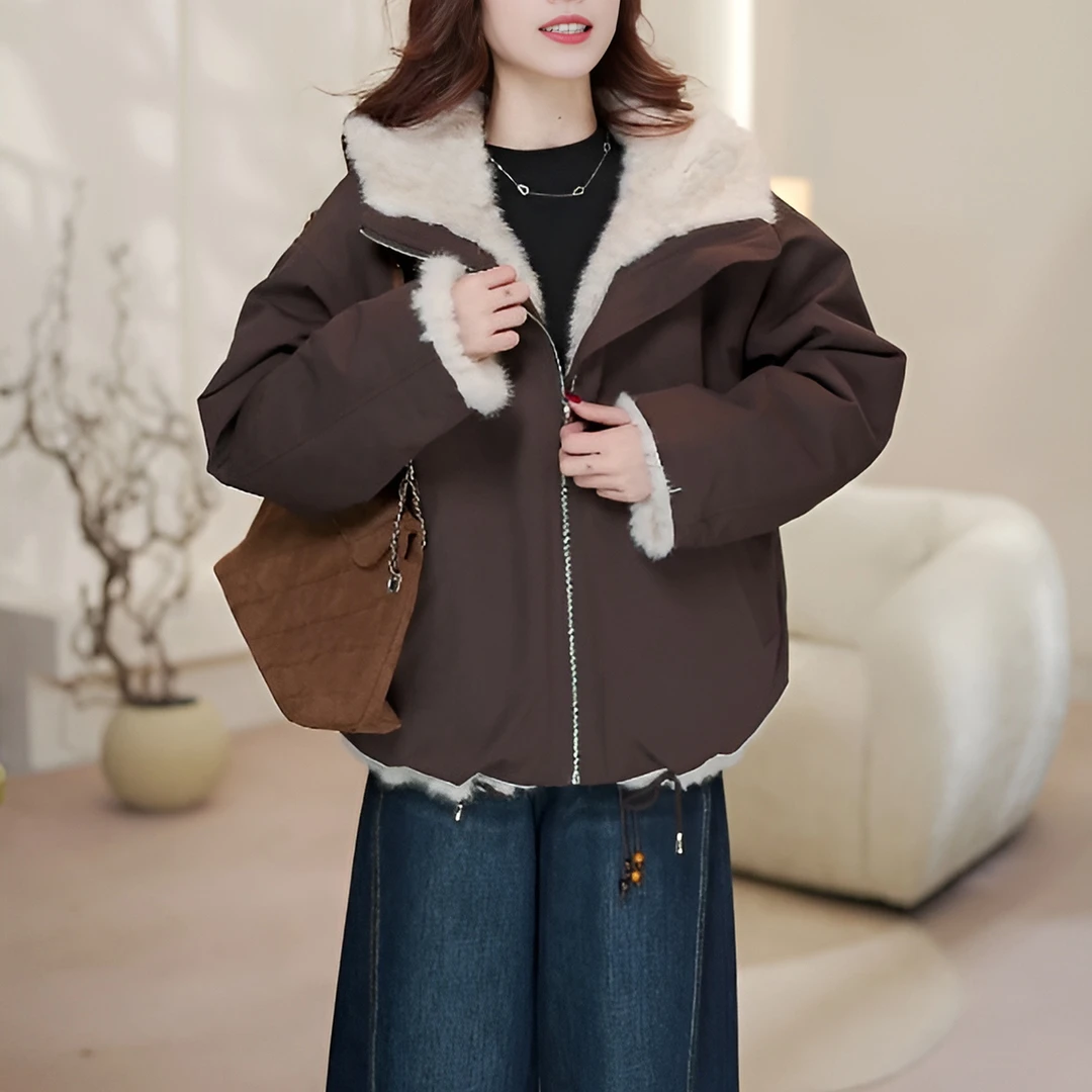 高级感加绒加厚冬季保暖双面穿毛毛棉服外套2025新款高级工装夹克