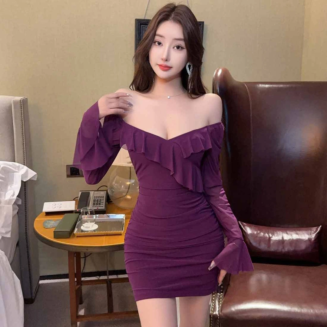 辣妹V领网纱长袖性感连衣裙纯欲紧身包臀荷叶边短裙夜场上班衣服