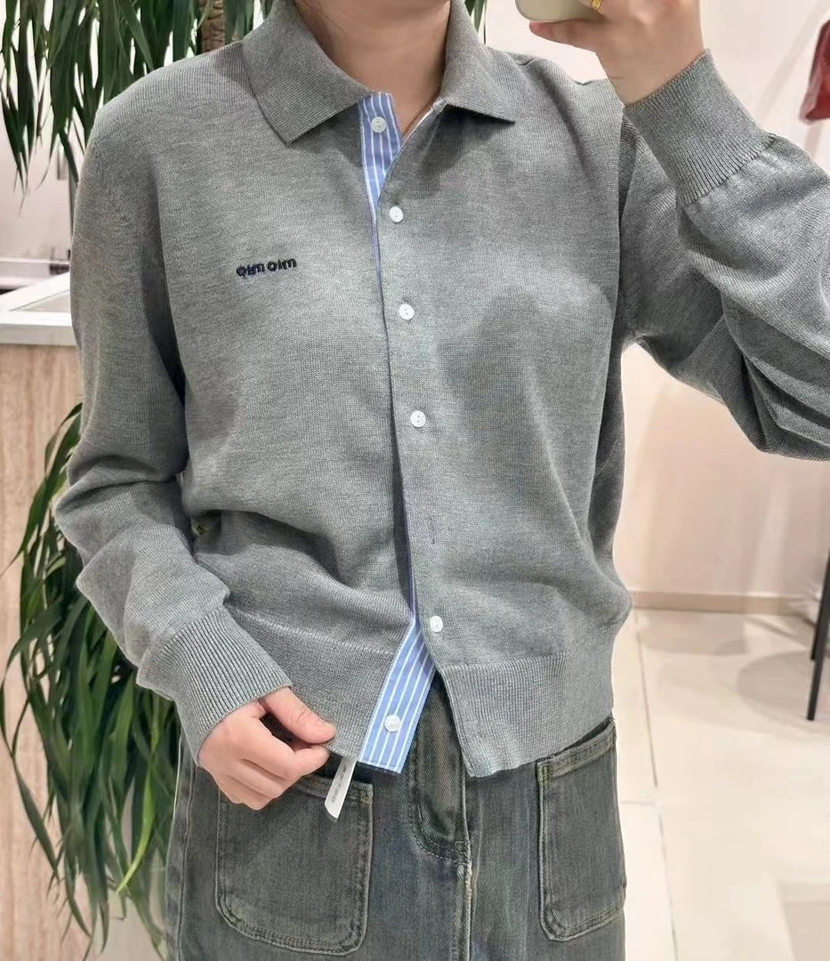 DWJ大王家假两件翻领针织衫女春季显瘦单排扣灰色上衣