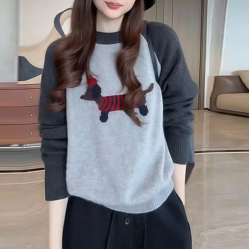 巨好看2026早秋新款韩系圆领长袖卡通小狗刺绣休闲针织衫上衣女