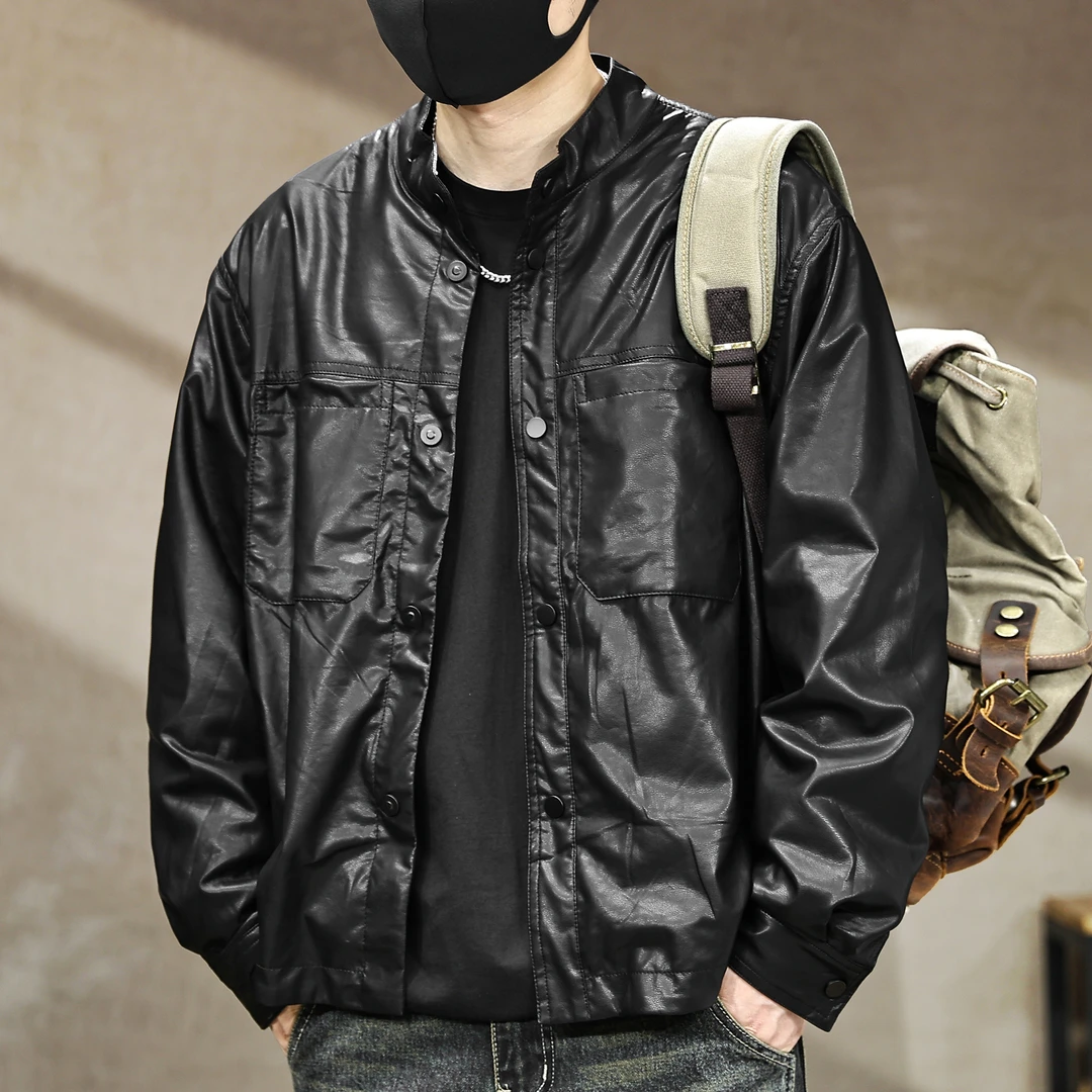 美式立领PU皮衬衫外套男款秋冬季新款痞帅宽松皮夹克男士长袖衬衣