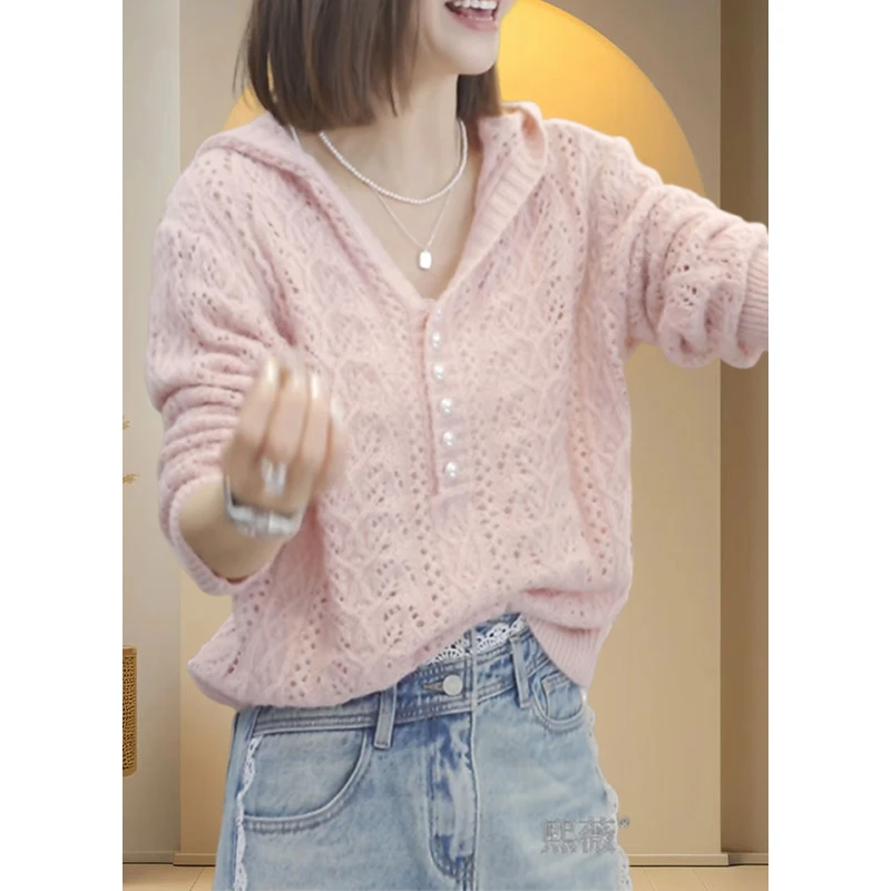 设计感镂空钉珠蕾丝上衣2026春季新款百搭长袖帽衫气质时尚针织衫