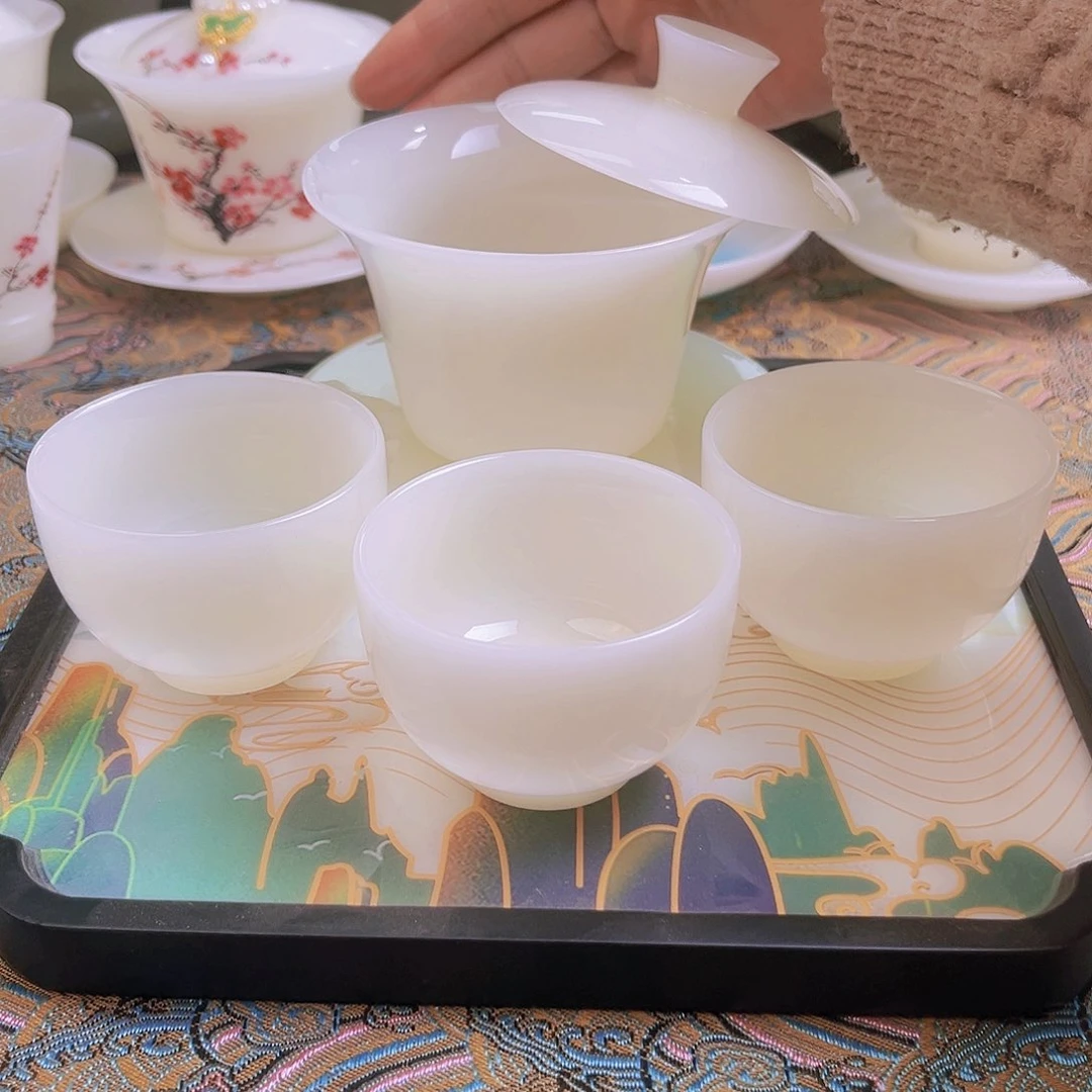 瓷片高档精品皙白玉瓷盖碗套装加福鹿干泡盘