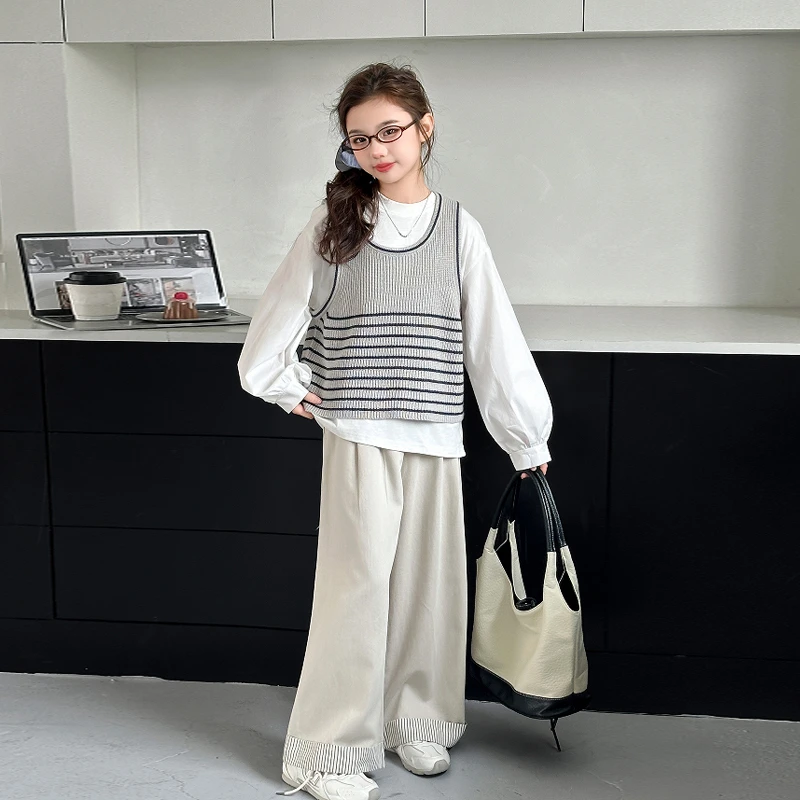 女童春装毛线马甲三件套儿童洋气韩版宽松休闲套装中大童时髦百搭