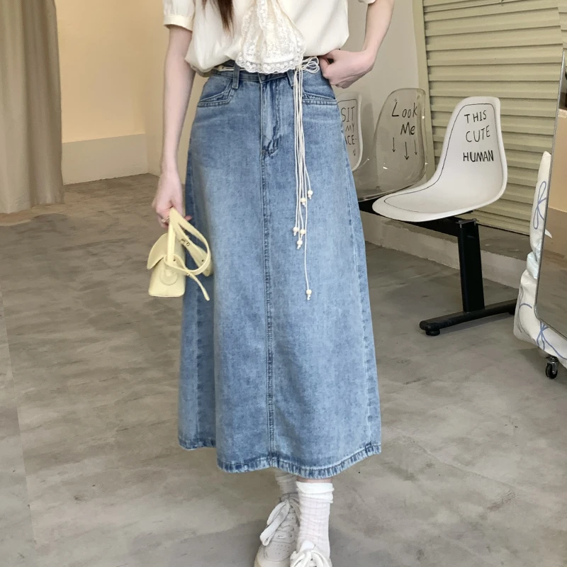 【拍套装有腰链】慕兔复古水洗蓝色牛仔半身裙女带编织腰带长裙