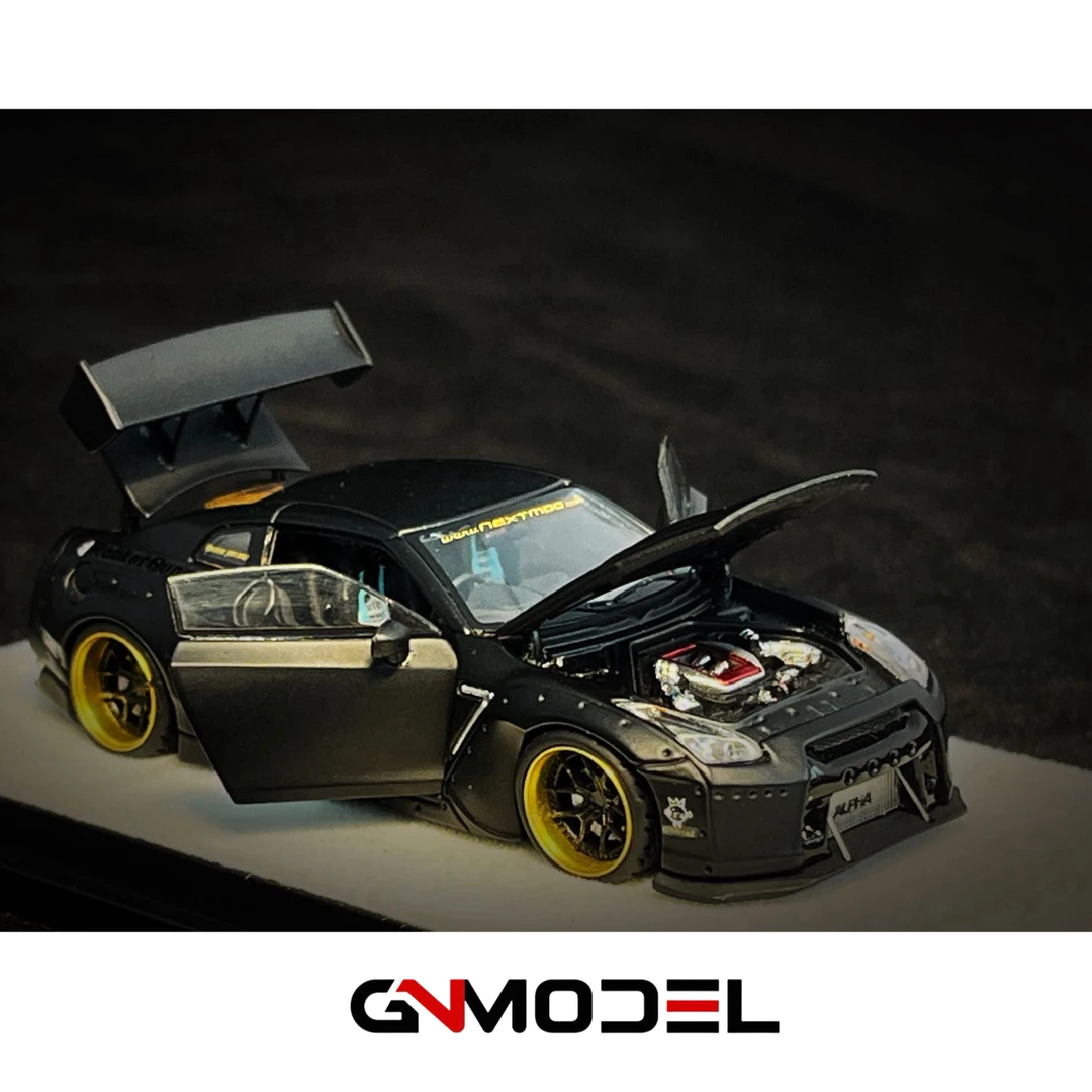 1:64尼桑PGM GTR R35火箭兔宽体哑黑合金全开收藏汽车模型