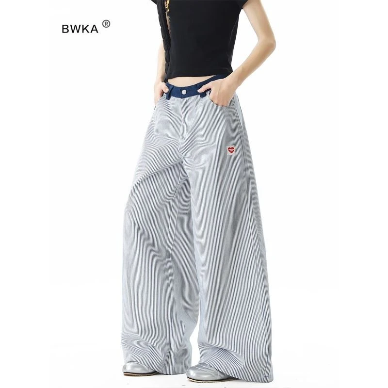 美式爱心刺绣竖条纹休闲裤女男夏季腰头拼接阔腿裤宽松百搭拖地裤