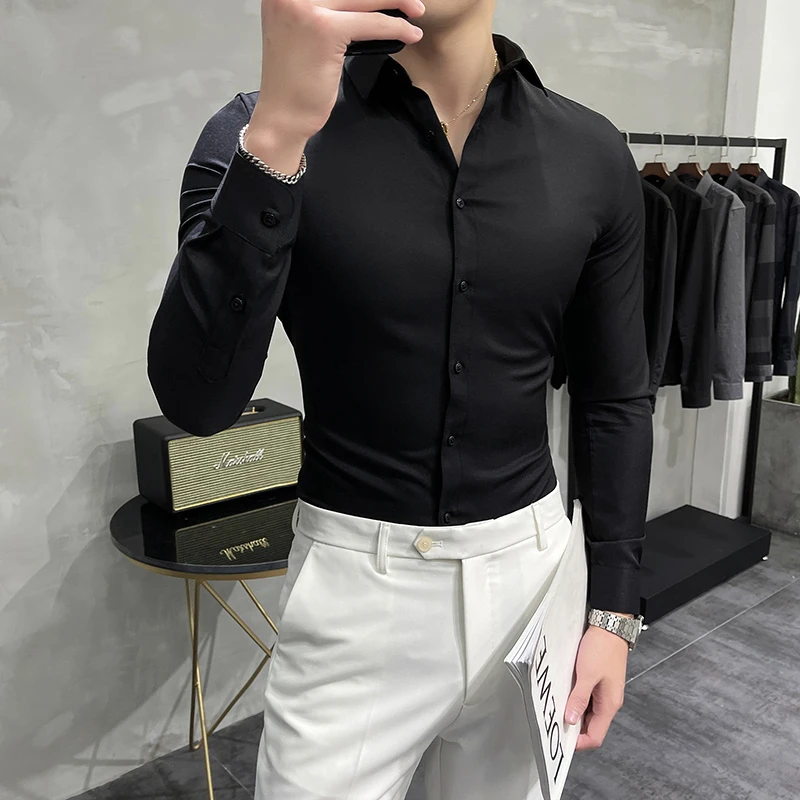 男士商务休闲长袖衬衫英伦修身纯色衬衣男垂感免烫大码寸衫打底衫