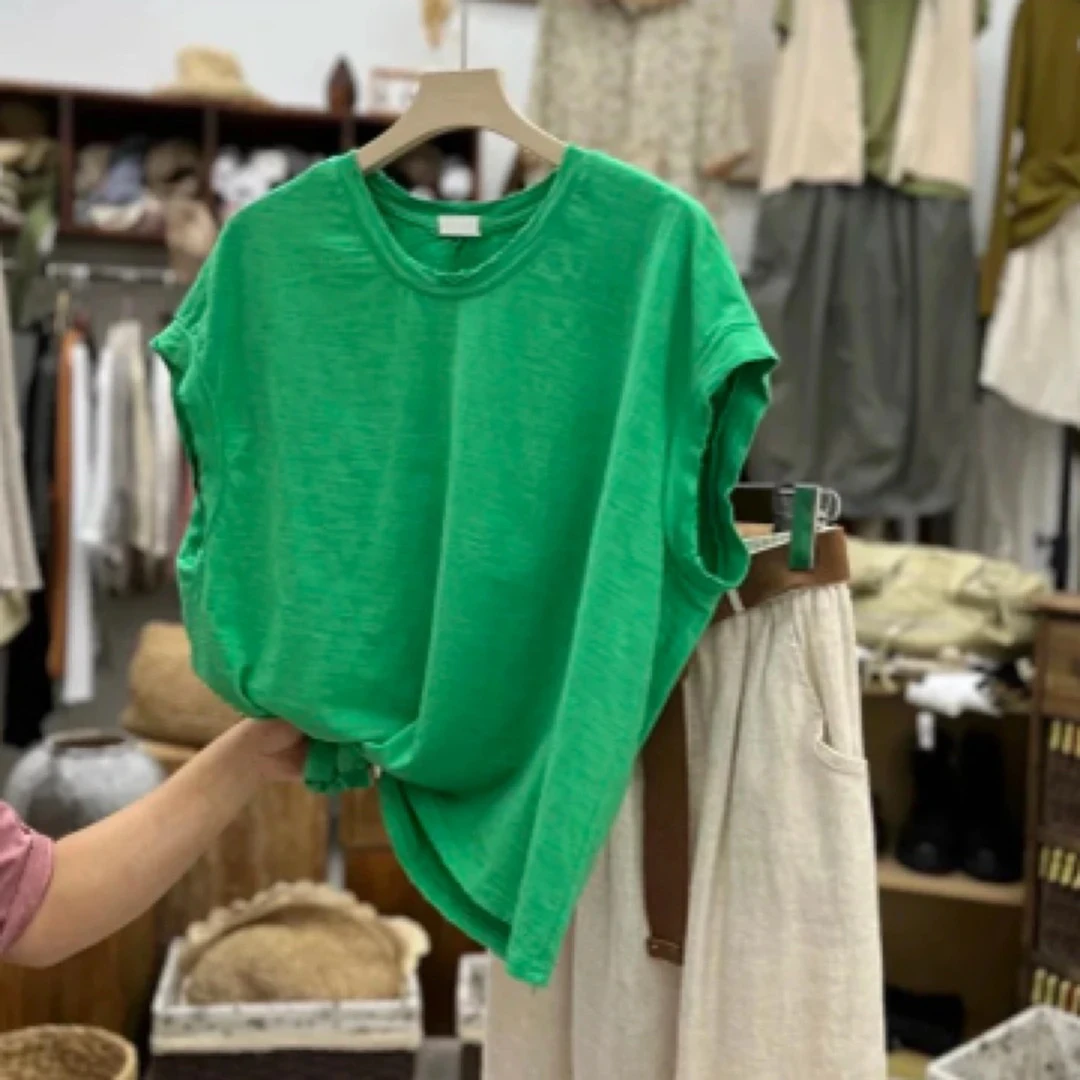 夏季砂洗竹节棉磨破时尚圆领飞飞袖短袖纯色宽松显瘦气质纯棉t女