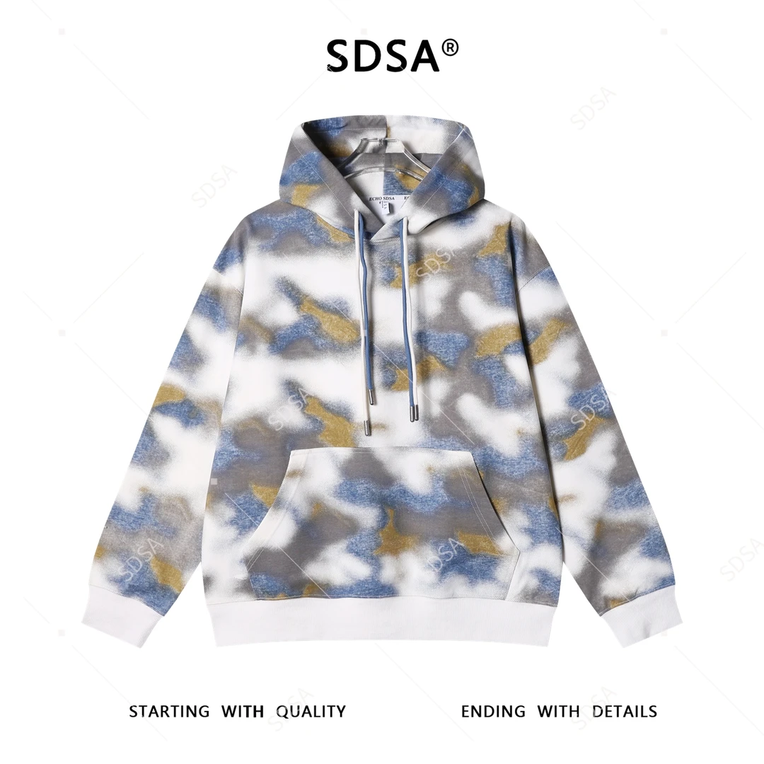 SDSA男士秋冬新款痞帅男装美式扎染撞色印花抽绳连帽卫衣宽松百搭