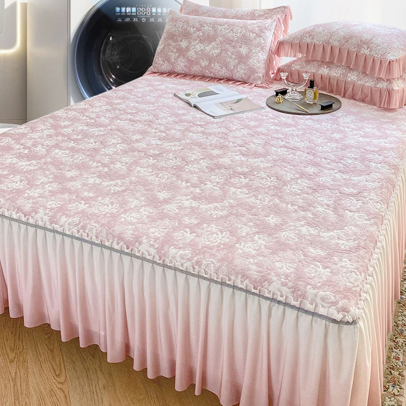 夏季玫瑰提花渐变床裙款PE凉感席可机洗透气空调房三件套凉席2025