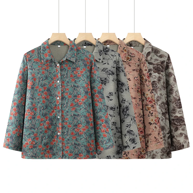 中老年妈妈春秋衬衣老人夏季衬衫奶奶装碎花夏装上衣老人衣服薄款