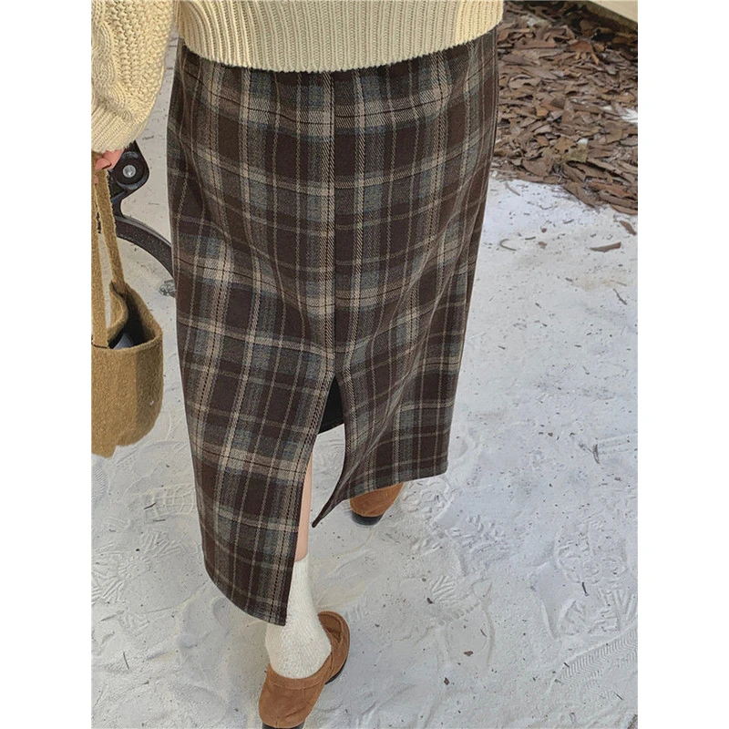 加绒格纹呢子半身裙女冬季新款气质格子直筒开叉裙显瘦垂感包臀裙